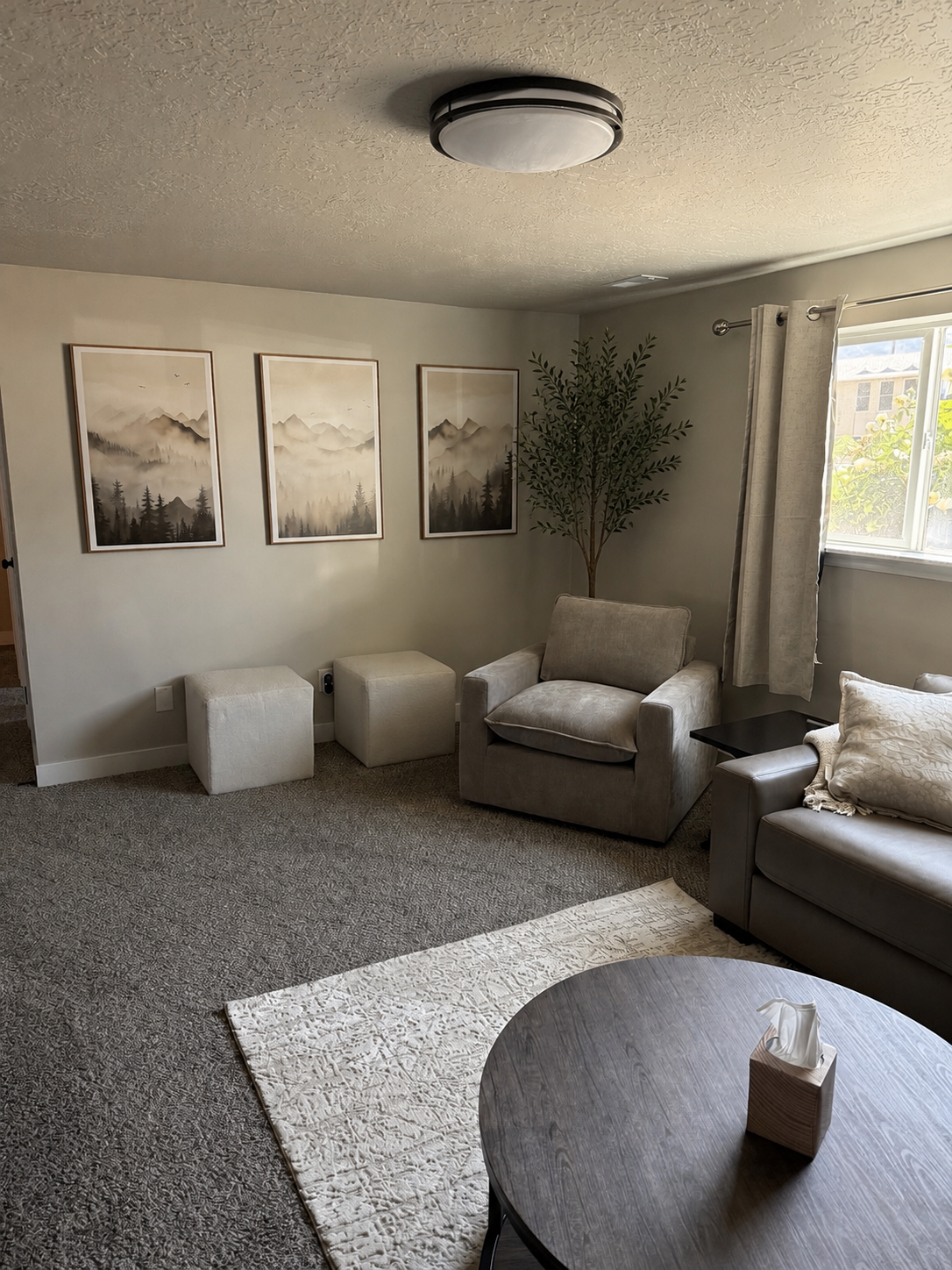 Living room with mountain artwork and comfortable seating