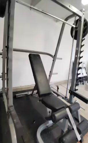 Private home gym with Smith machine, weight bench, cable system and free weights