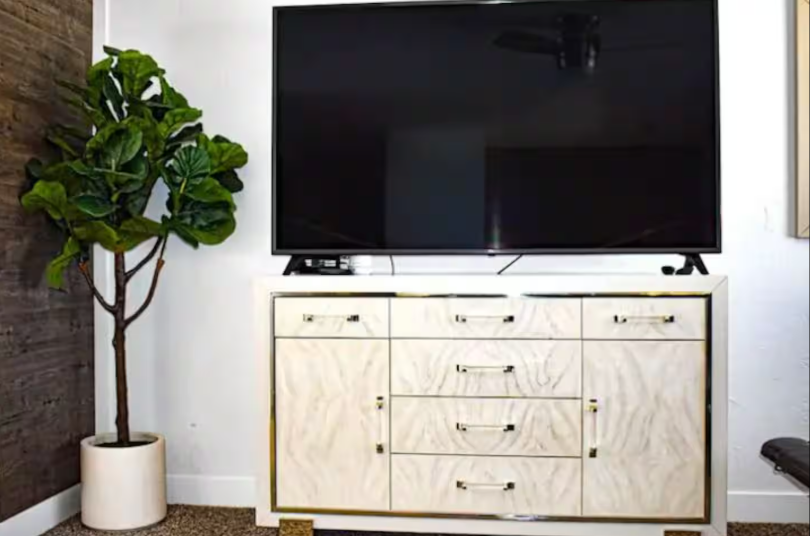 Living room with white media console, TV, and fiddle leaf fig tree